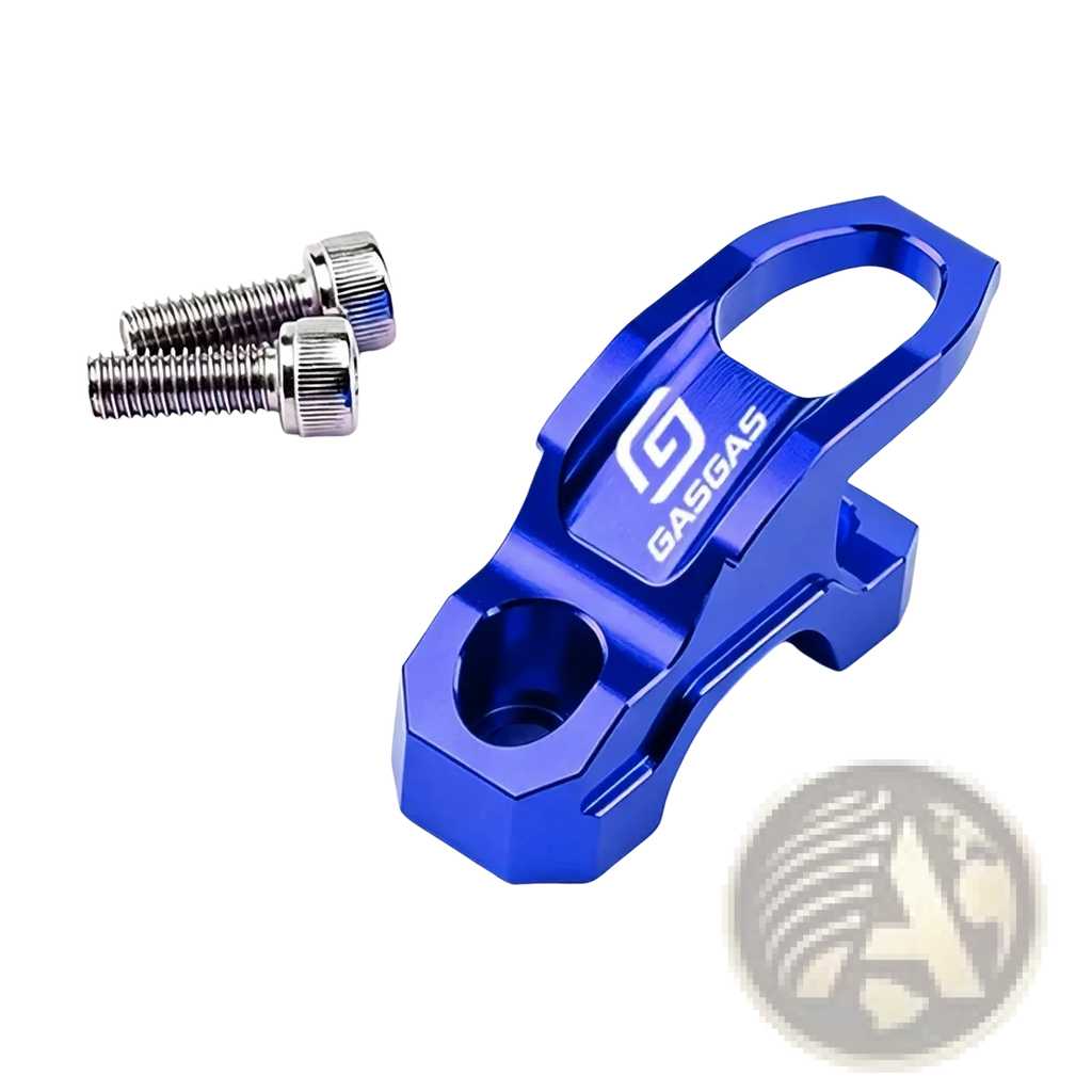 Blue anodized aluminum Gasgas handlebar helmet hanger clamp with silver bolts for universal CNC hook mounting