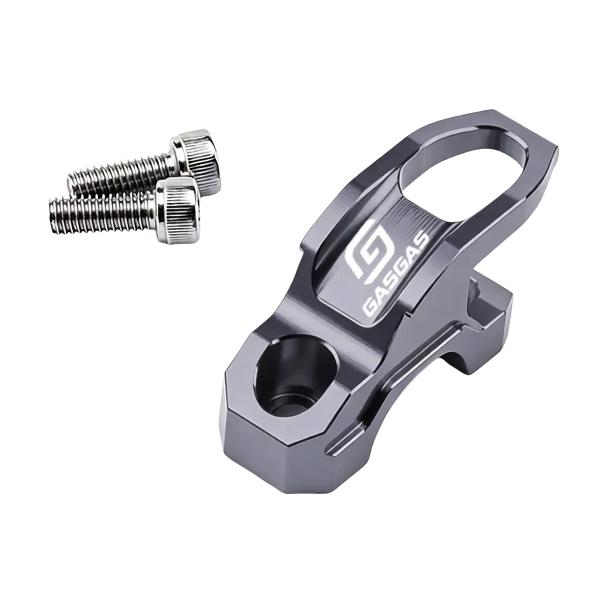Dark gray anodized aluminum gasgas handlebar helmet hanger with integrated mounting hardware shown from the back side