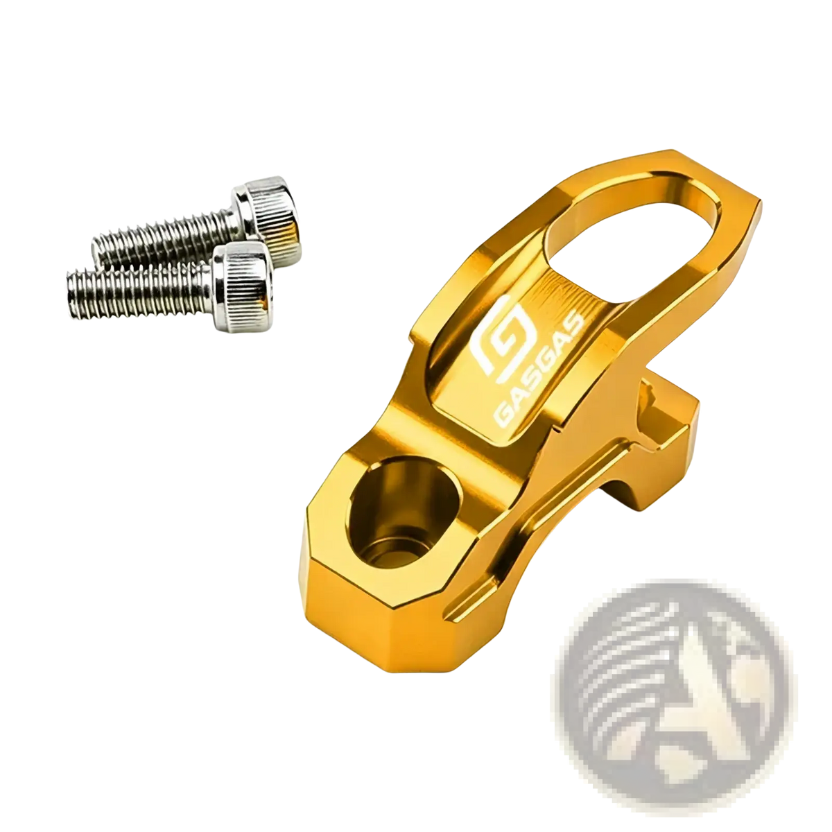 Gold-colored aluminum gasgas handlebar helmet hanger universal cnc hook with angular design and engraved logo visible from back side