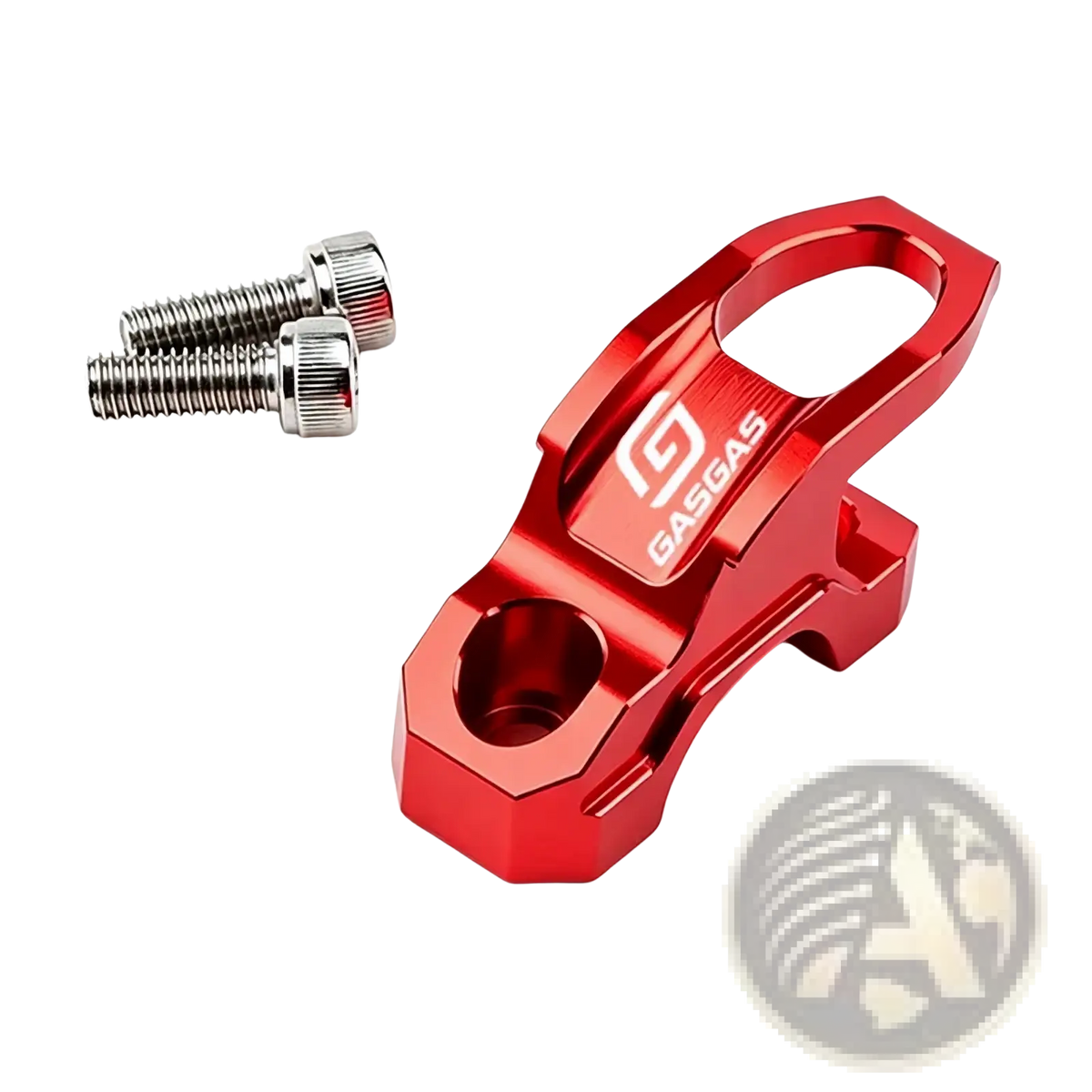 Red anodized aluminum Gasgas handlebar helmet hanger universal CNC hook with silver screws shown from the back side