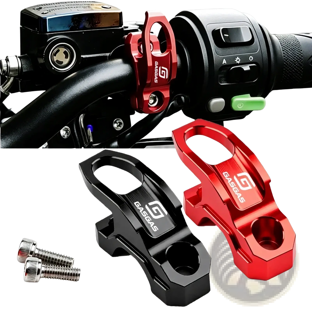 Red and black metallic Gasgas handlebar helmet hanger universal CNC hook with sleek angular design and logo detail