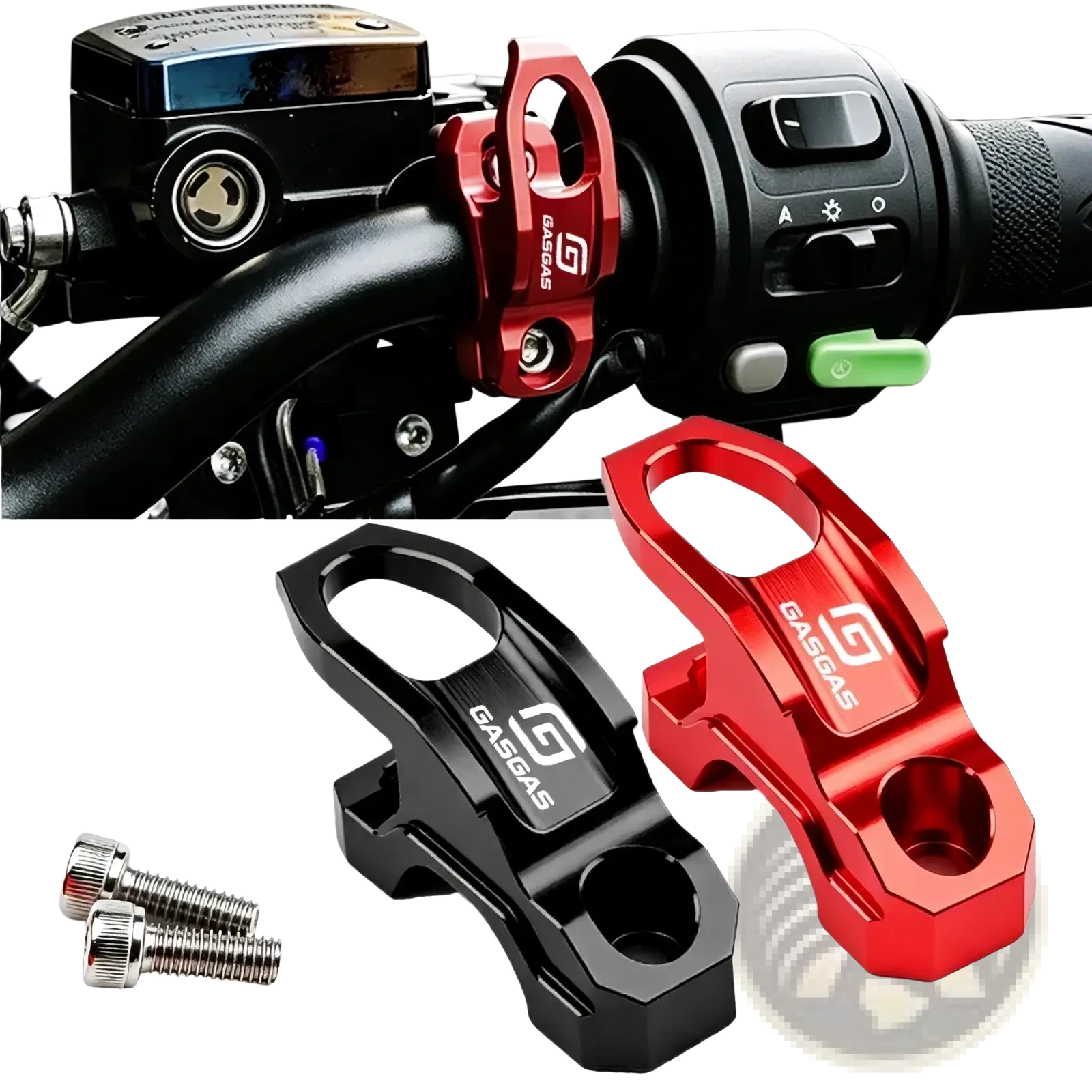Red and black metallic Gasgas handlebar helmet hanger universal CNC hook with sleek angular design and logo detail