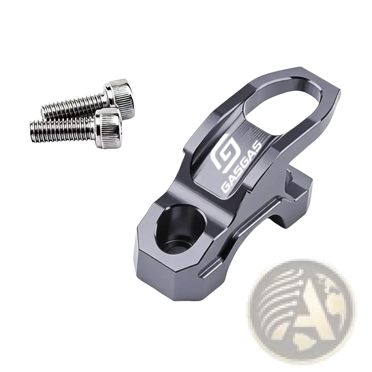 Dark gray anodized aluminum gasgas handlebar helmet hanger with integrated mounting hardware shown from the back side