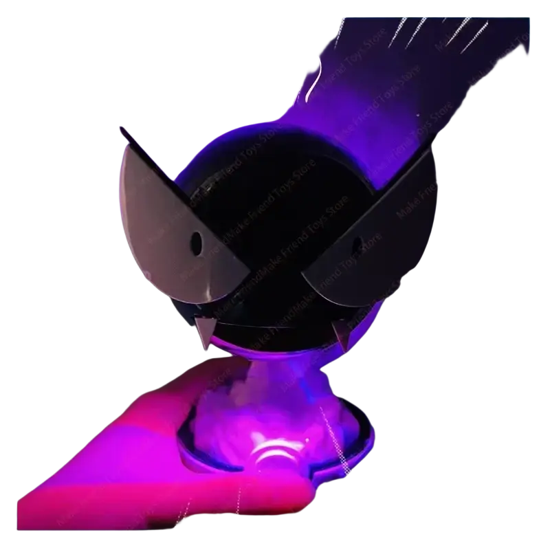 Black plastic devil-themed gastly 3d printed luminous humidifier with glowing purple light and sharp triangular horns