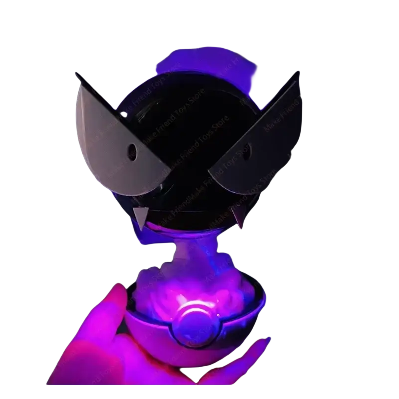 Gastly 3d printed black and silver poké ball-shaped luminous humidifier lamp with glowing purple led light effect