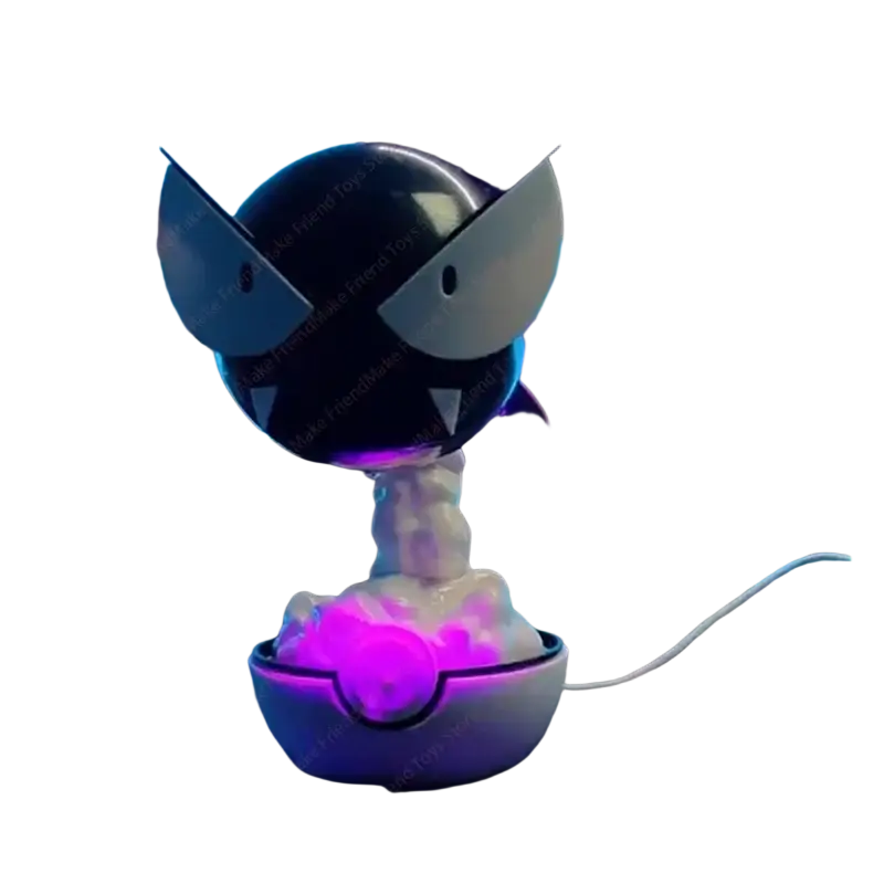 Gastly 3d printed luminous humidifier featuring a black and white koopa troopa figurine with glowing purple lights on a poké ball base