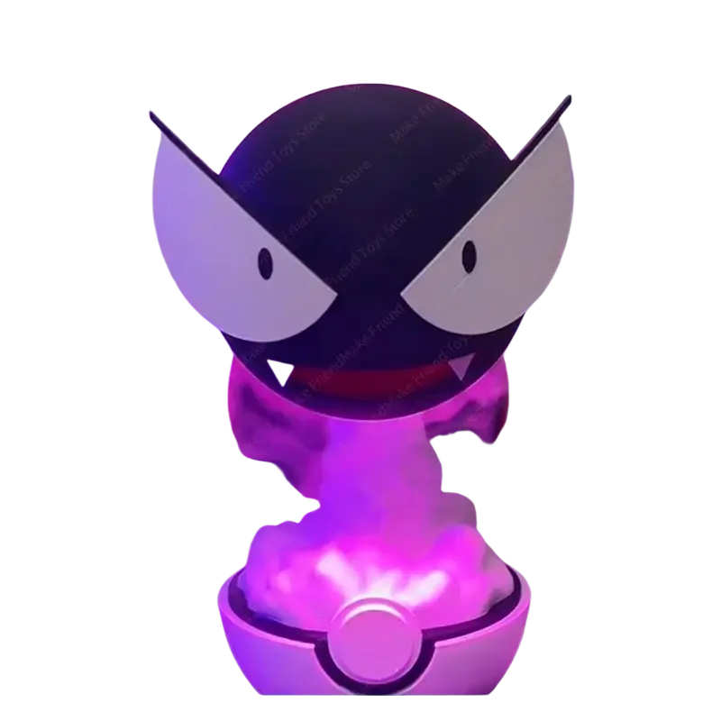 Gastly 3d printed black and white poké ball-shaped luminous humidifier with glowing purple mist rising from its base