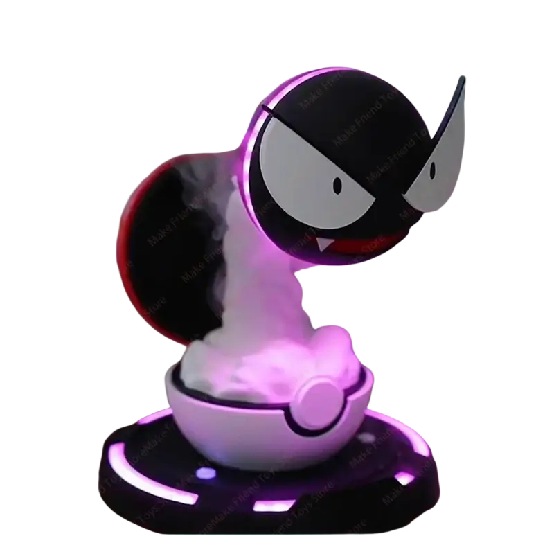 A glowing purple and black mewtwo figurine emerging from a white poké ball base with led lighting humidifier