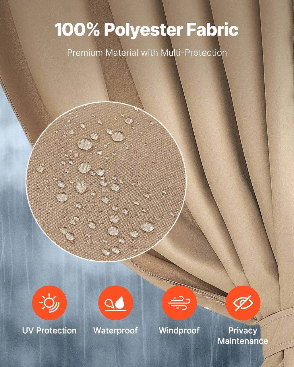 Beige 100 percent polyester gazebo privacy curtain with waterproof and uv protection for outdoor use in 10x12 size