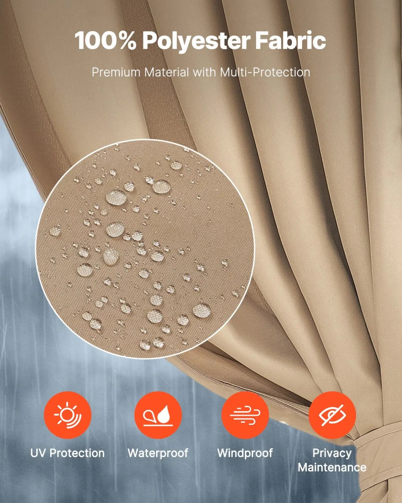 Beige 100 percent polyester gazebo privacy curtain with waterproof and uv protection for outdoor use in 10x12 size