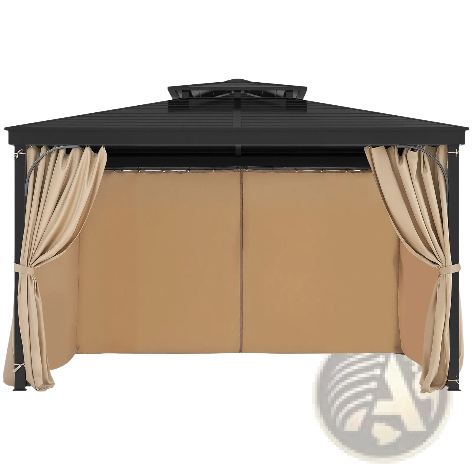 Black metal gazebo with beige khaki polyester waterproof privacy curtains and panels measuring 10x12 feet