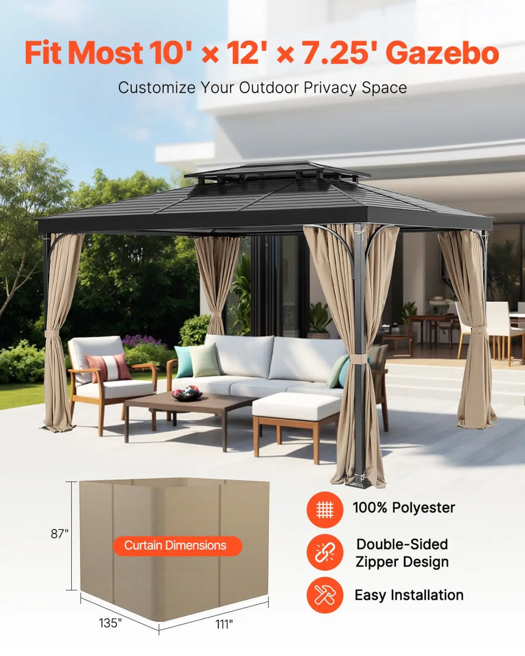 Black metal gazebo with waterproof khaki polyester privacy curtains featuring a double-sided zipper design