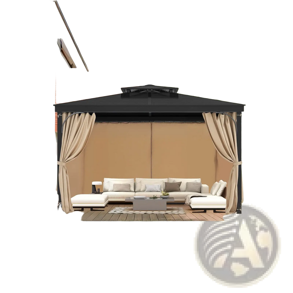 Black metal gazebo with khaki waterproof polyester privacy curtains and matching canopy for outdoor use