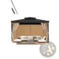Black metal gazebo with khaki waterproof polyester privacy curtains and matching canopy for outdoor use