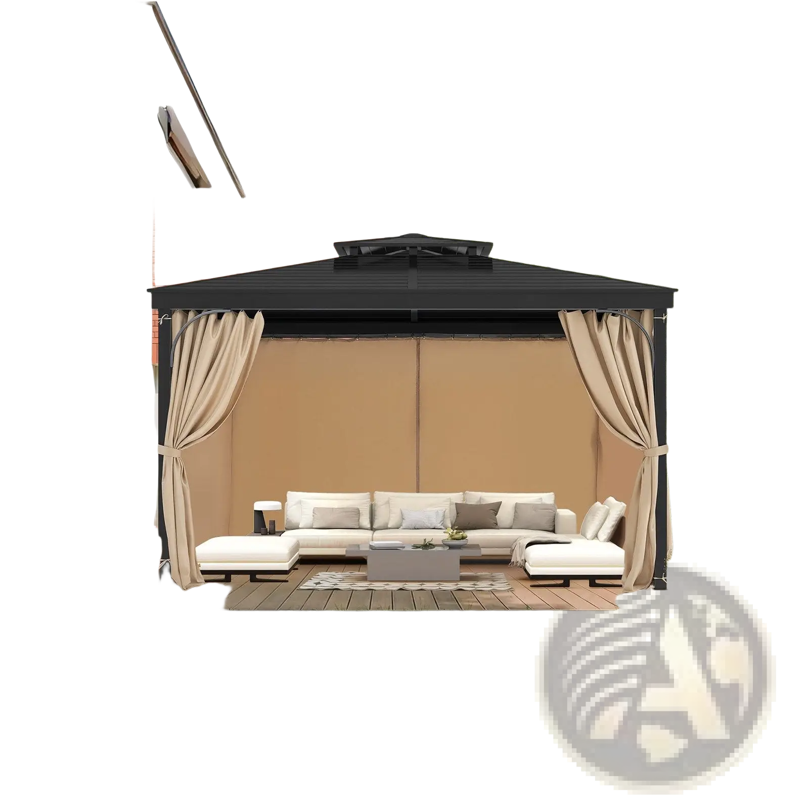 Black metal gazebo with khaki waterproof polyester privacy curtains and matching canopy for outdoor use