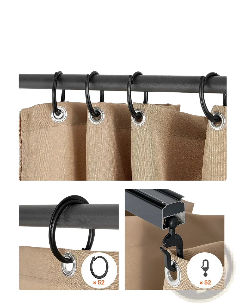 Beige gazebo privacy curtain with waterproof khaki polyester fabric and durable aluminum grommets with black hooks