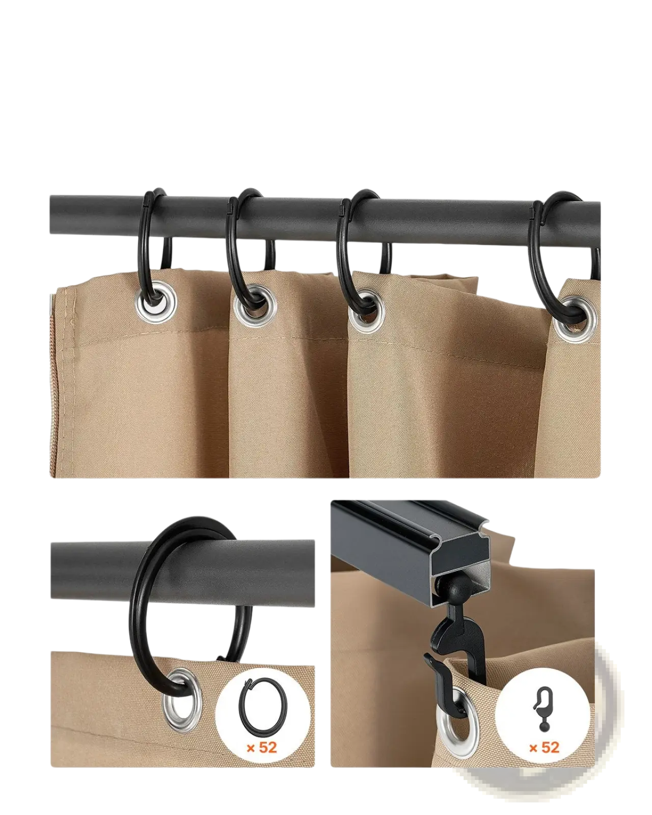 Beige gazebo privacy curtain with waterproof khaki polyester fabric and durable aluminum grommets with black hooks