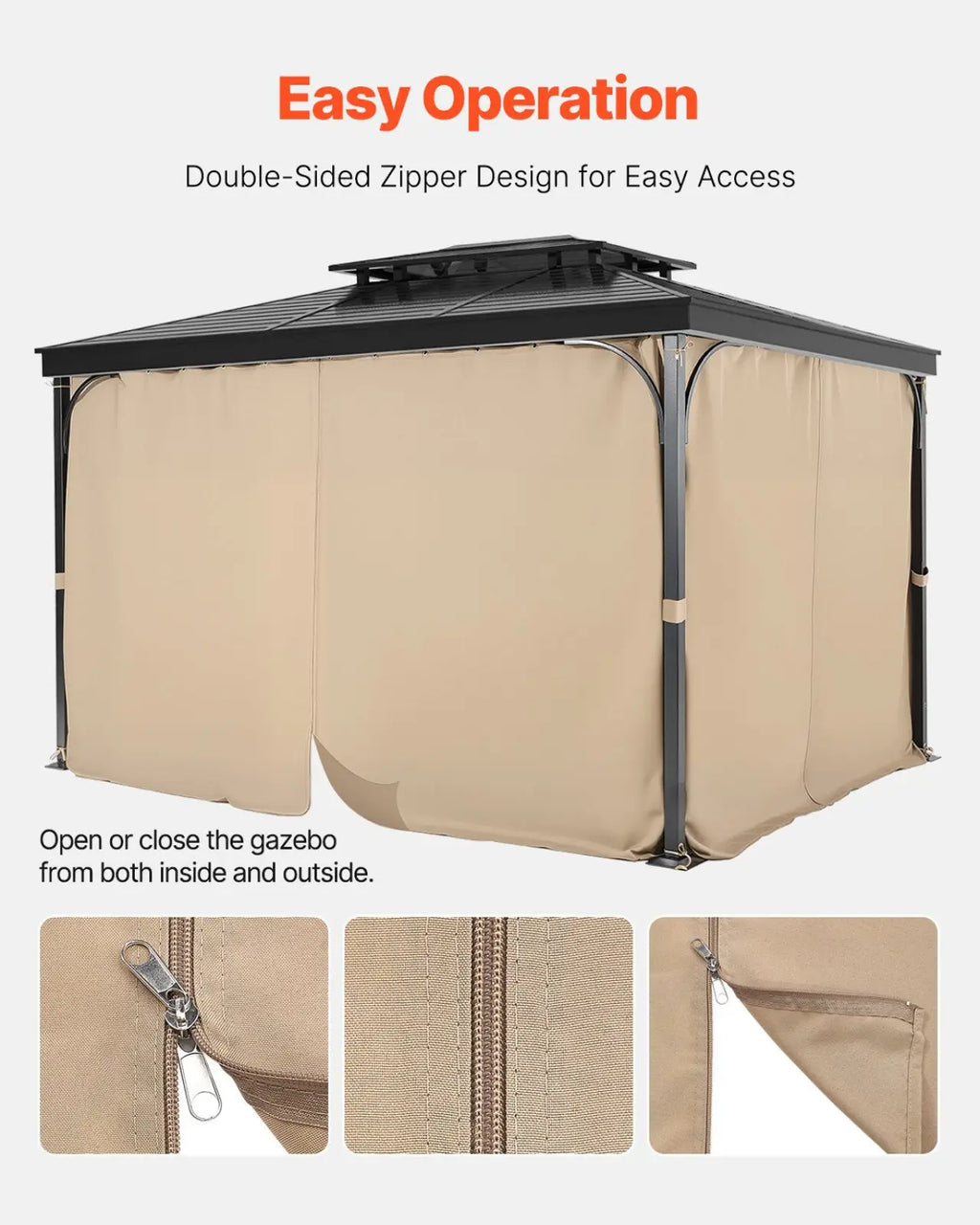 Beige fabric gazebo with black metal frame and double-sided zipper design for easy access 10x12 waterproof polyester