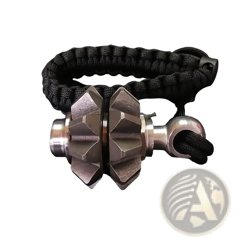 Black paracord bracelet with metallic gear toggle clasp featuring two interlocking spiked segments for survival use