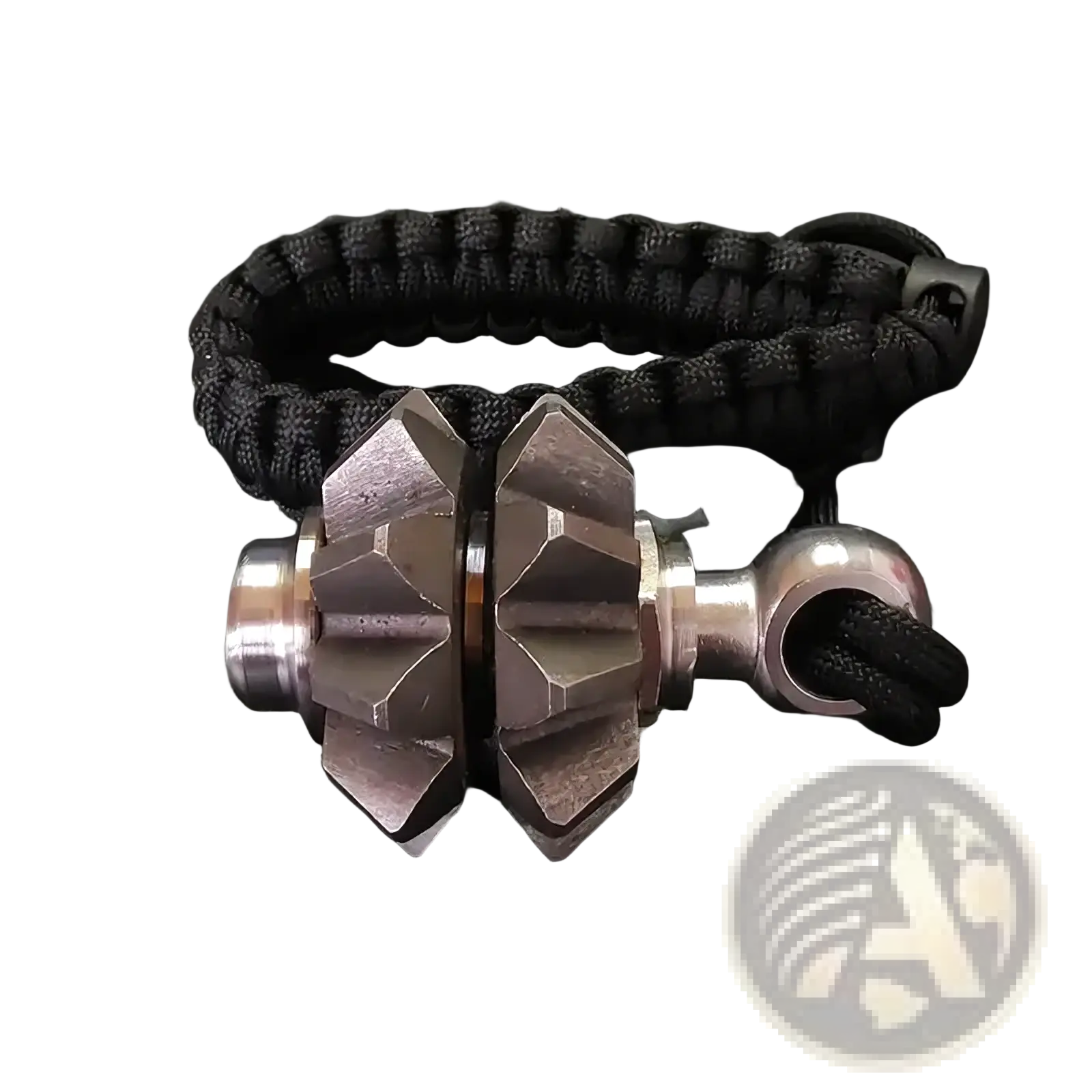 Black paracord bracelet with metallic gear toggle clasp featuring two interlocking spiked segments for survival use