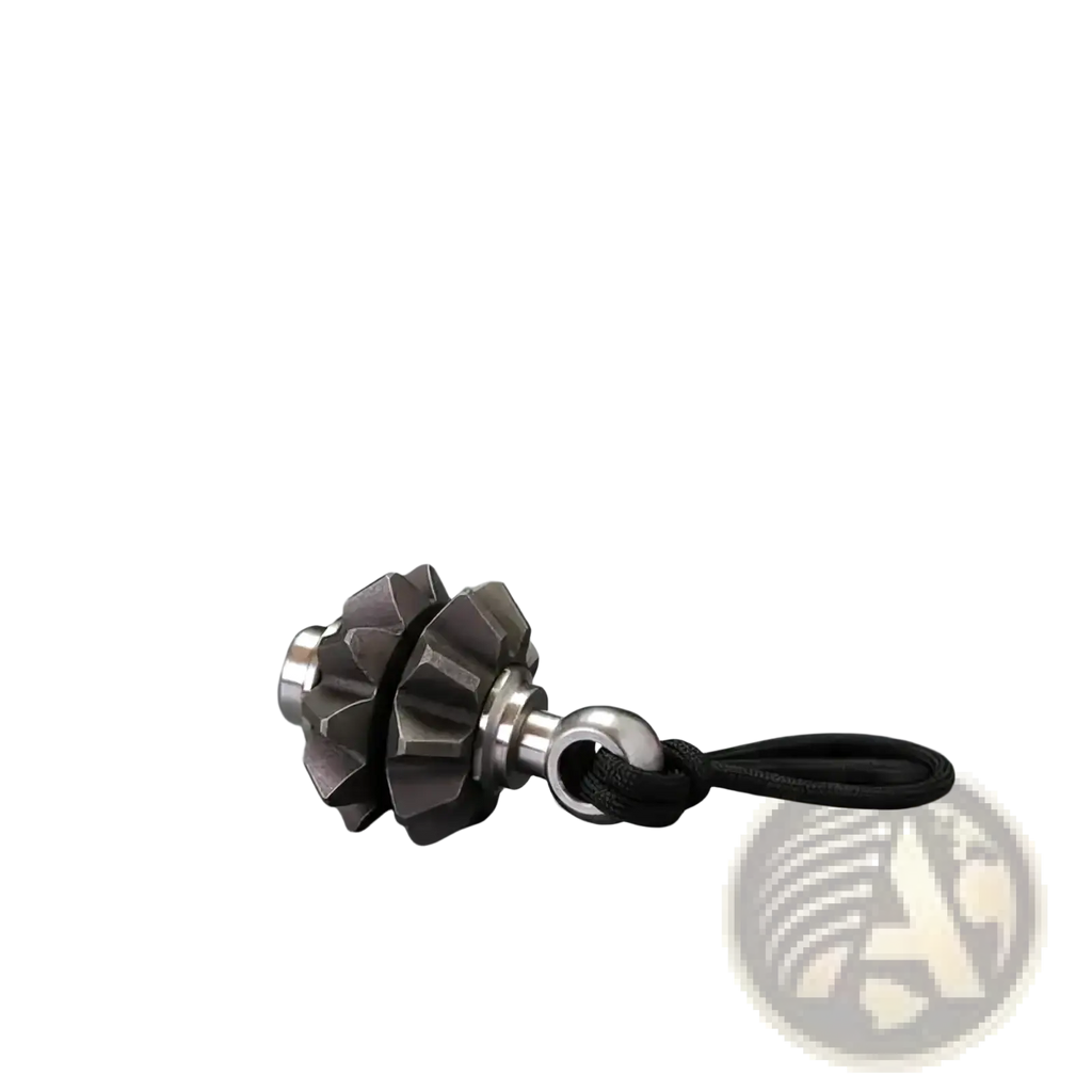 Silver metallic gear-shaped keychain with black cord attachment gear fidget spinner emergency survival tool