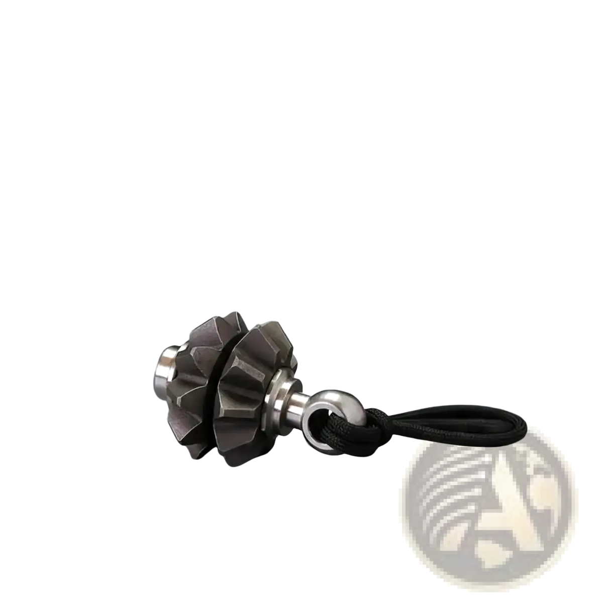 Silver metallic gear-shaped keychain with black cord attachment gear fidget spinner emergency survival tool