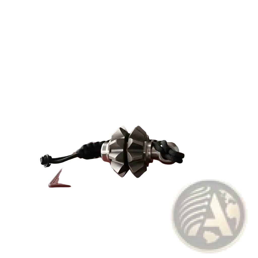 Silver metallic gear fidget spinner keychain with black paracord designed for secure grip and emergency survival use