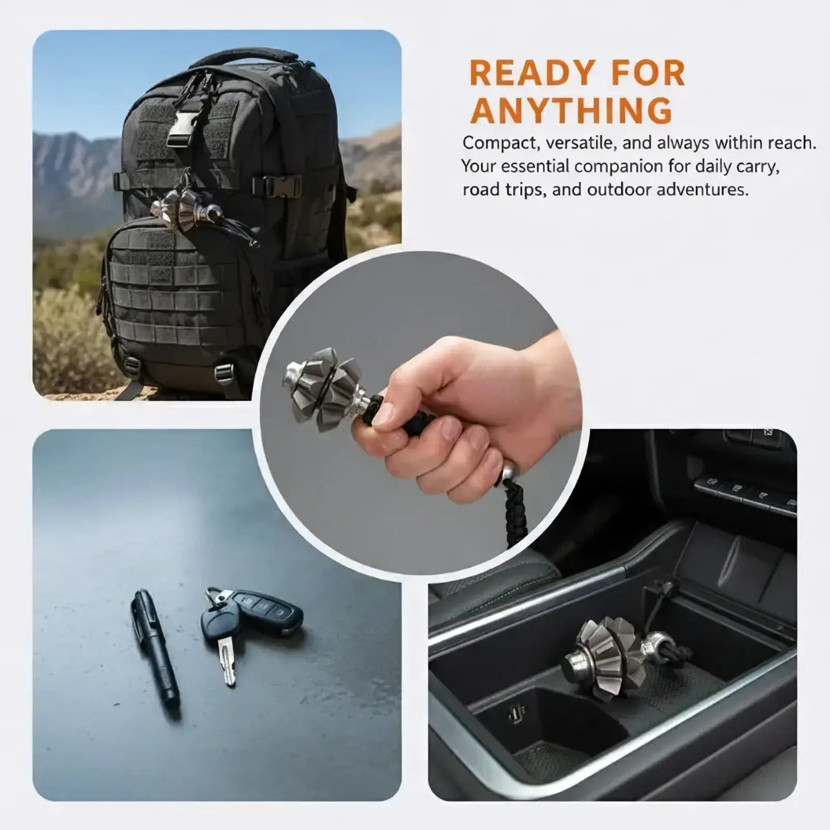 Silver metallic gear fidget spinner keychain with black textured grip designed as an emergency survival tool