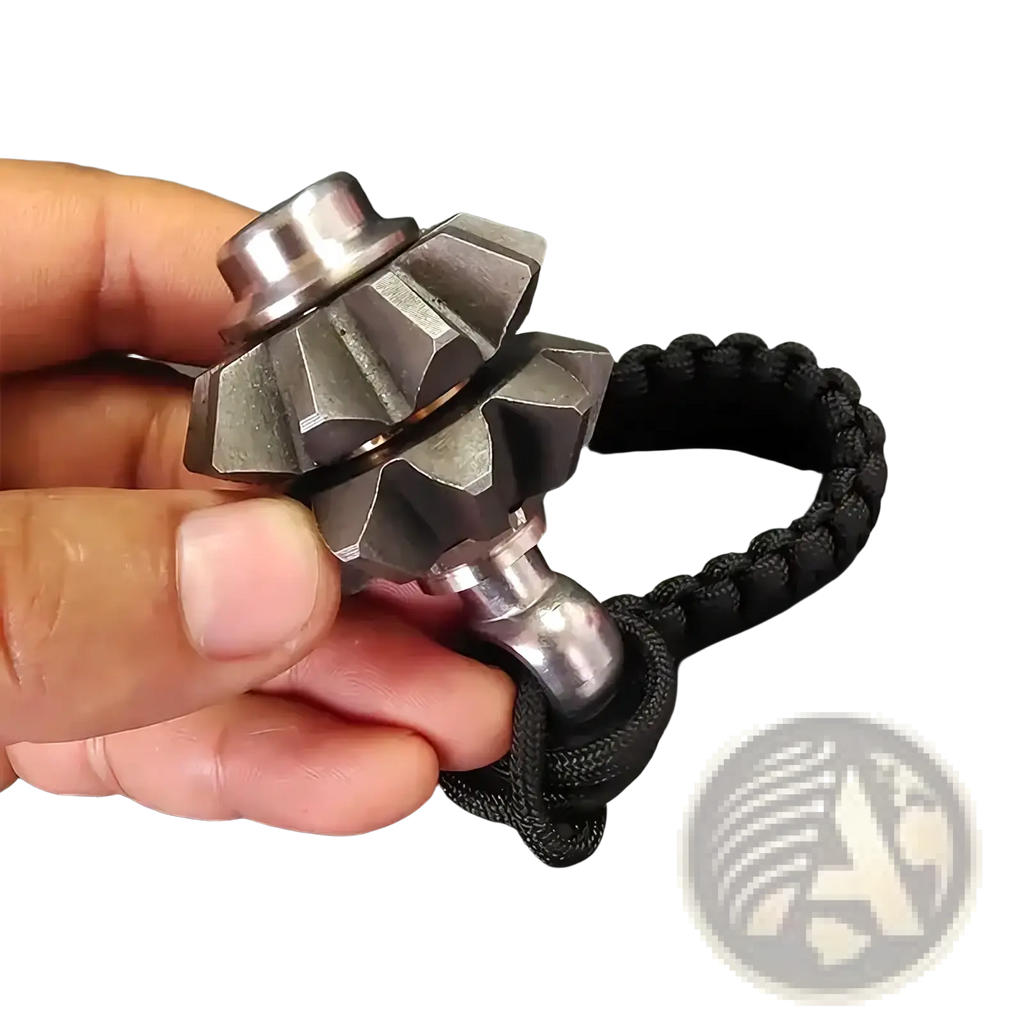 A sleek metallic gear fidget spinner keychain with a black paracord lanyard for emergency survival use