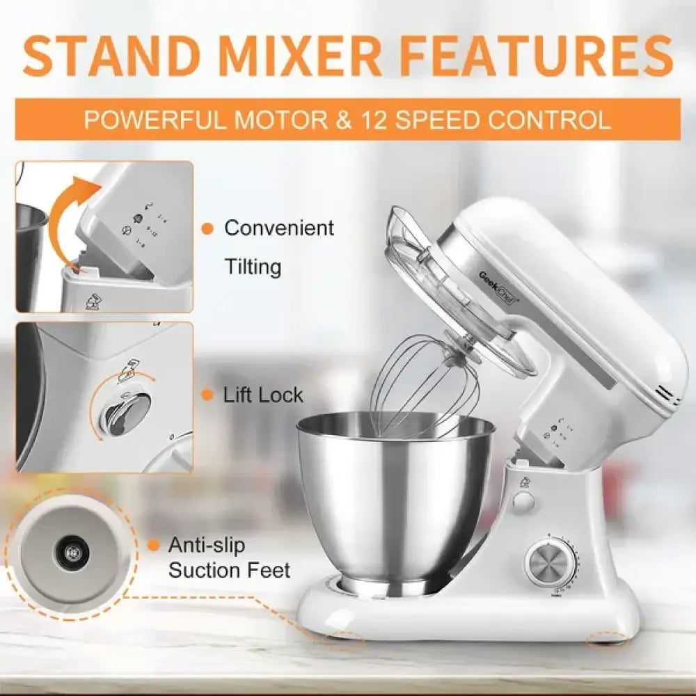 Geekchef 4.8qt white electric stand mixer with 12 speeds stainless steel mixing bowl and whisk attachment