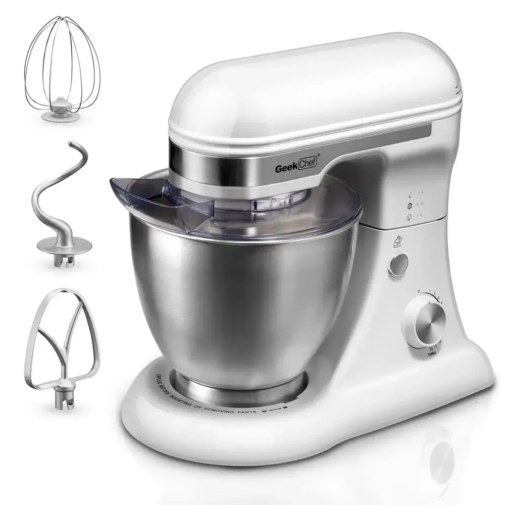 Geekchef 4.8qt white electric stand mixer with stainless steel bowl and three attachments for versatile mixing tasks