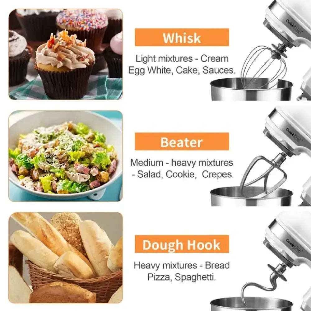 Geekchef 4.8qt white electric stand mixer with 12 speeds and stainless steel whisk beater and dough hook attachments