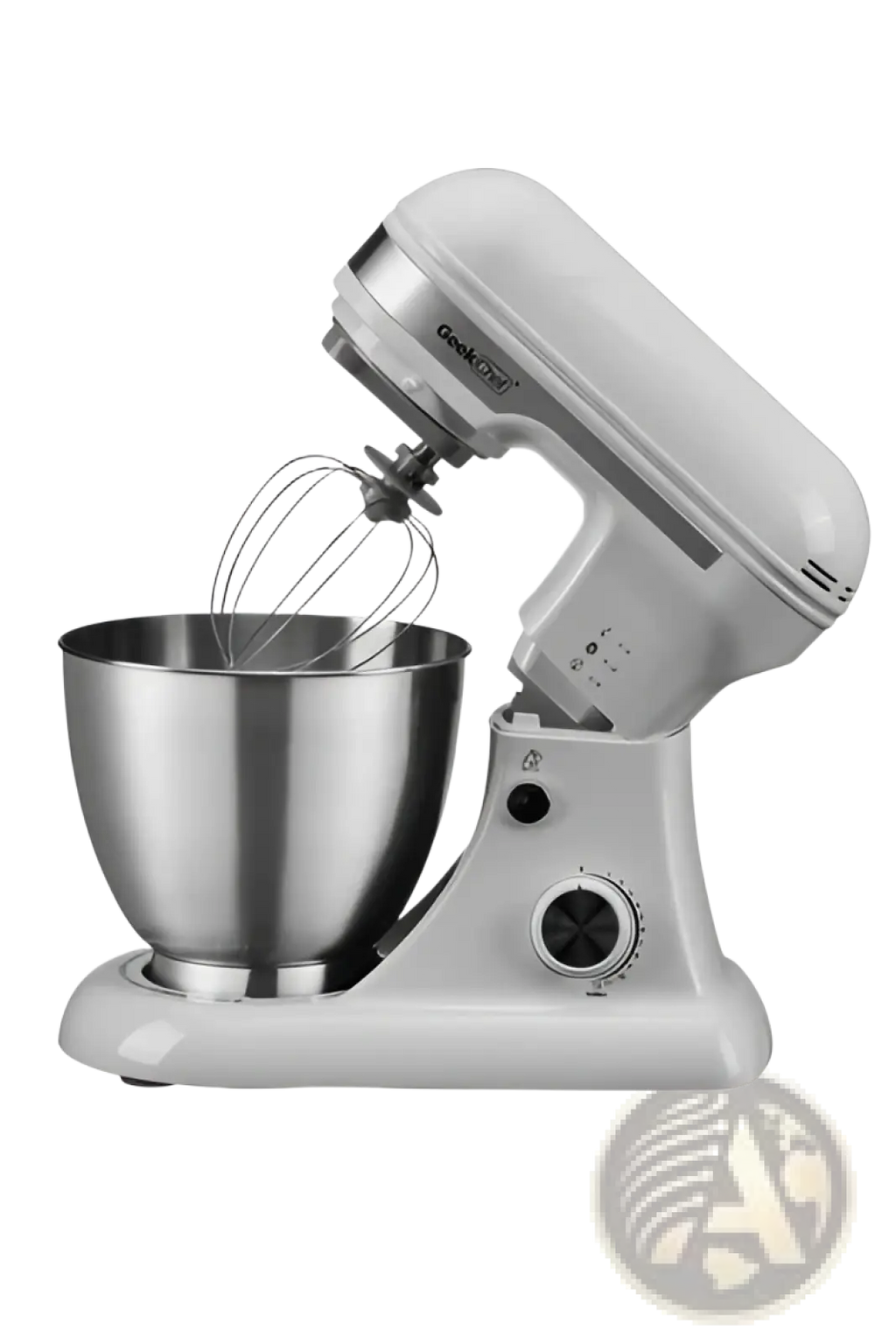 Geek chef 4.8qt electric stand mixer in white with stainless steel mixing bowl and wire whisk attachment