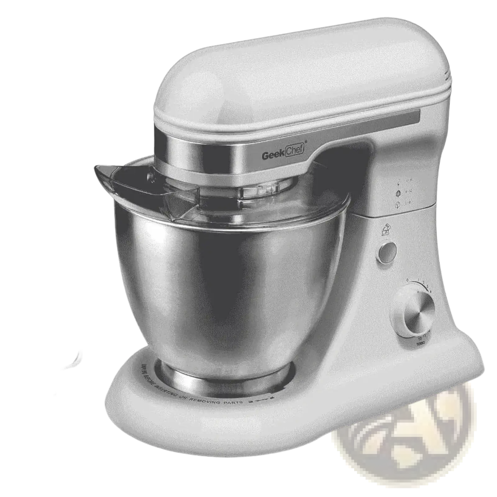 Geekchef 4.8qt electric stand mixer with stainless steel bowl and silver accents for versatile kitchen use
