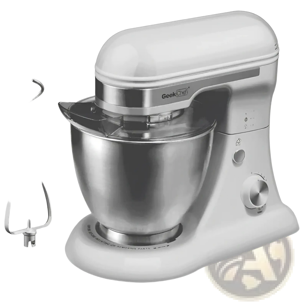 Geekchef 4.8qt electric stand mixer in silver and white with stainless steel bowl and three interchangeable attachments