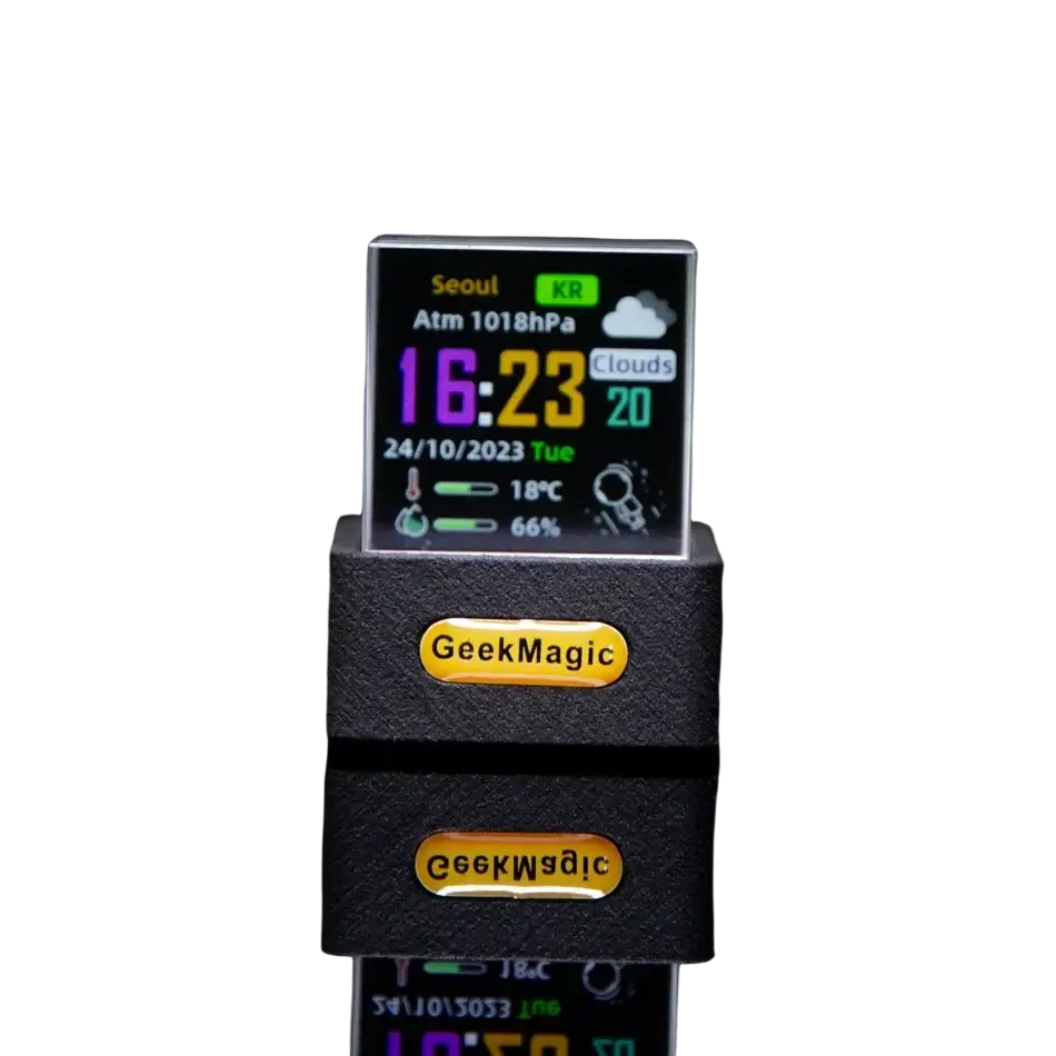Black geekmagic smart weather station crystal gif clock with colorful illuminated display showing time and weather data
