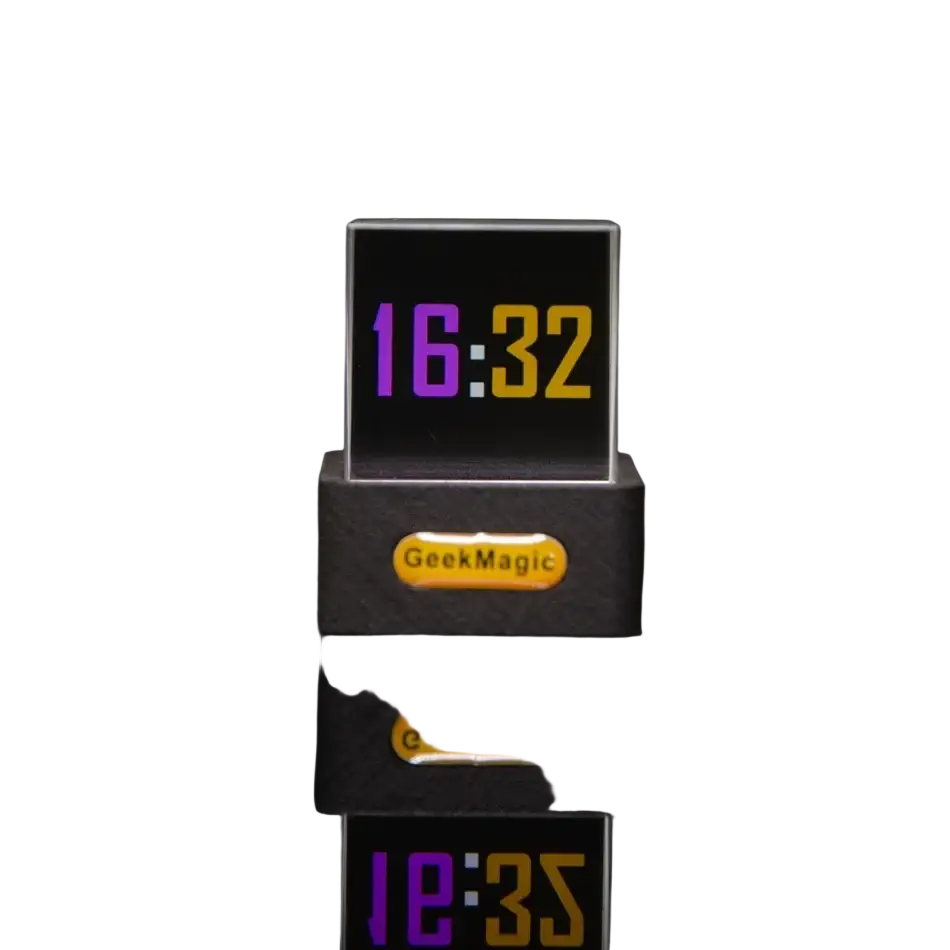 A sleek black geekmagic smart weather station crystal gif clock with a transparent acrylic face and vibrant purple and yellow time display
