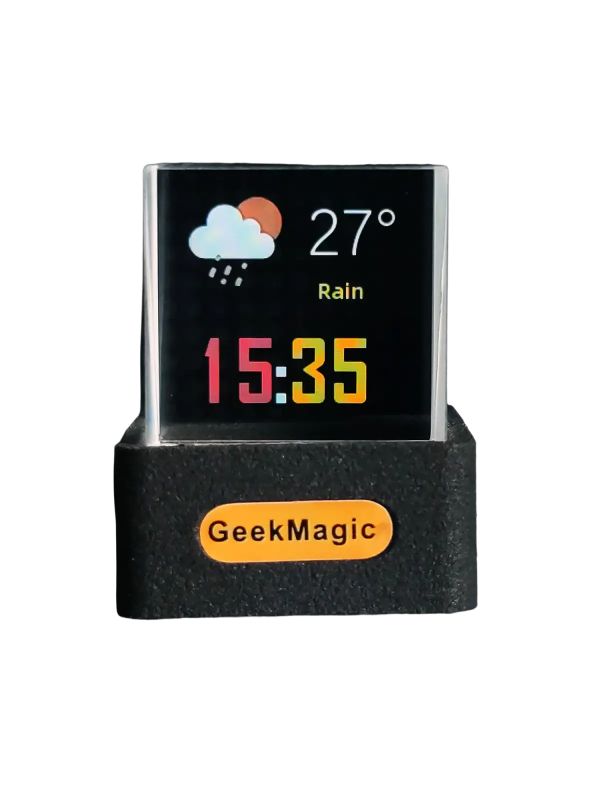 Geekmagic smart weather station crystal gif clock black digital display with transparent frame showing rain and time