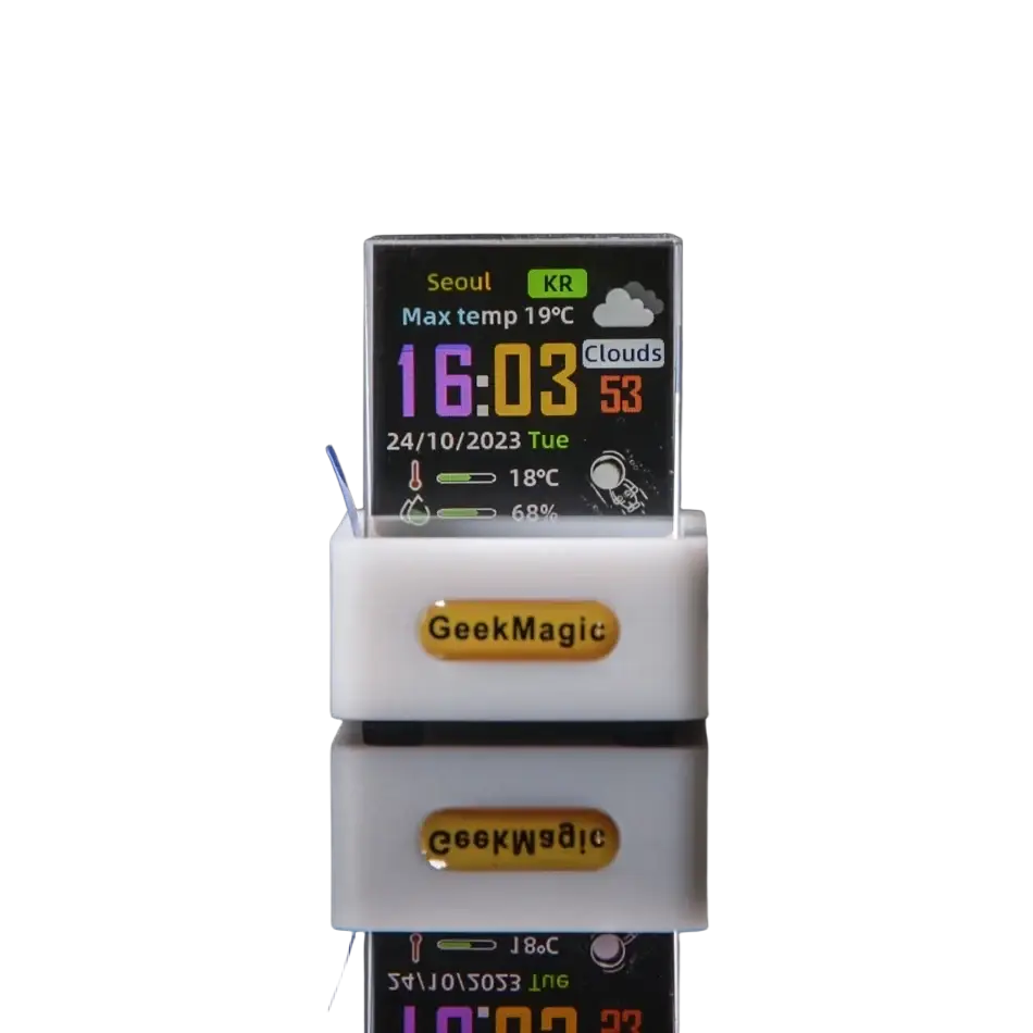 A sleek white Geekmagic USB flash drive with transparent display showing colorful digital weather and time information