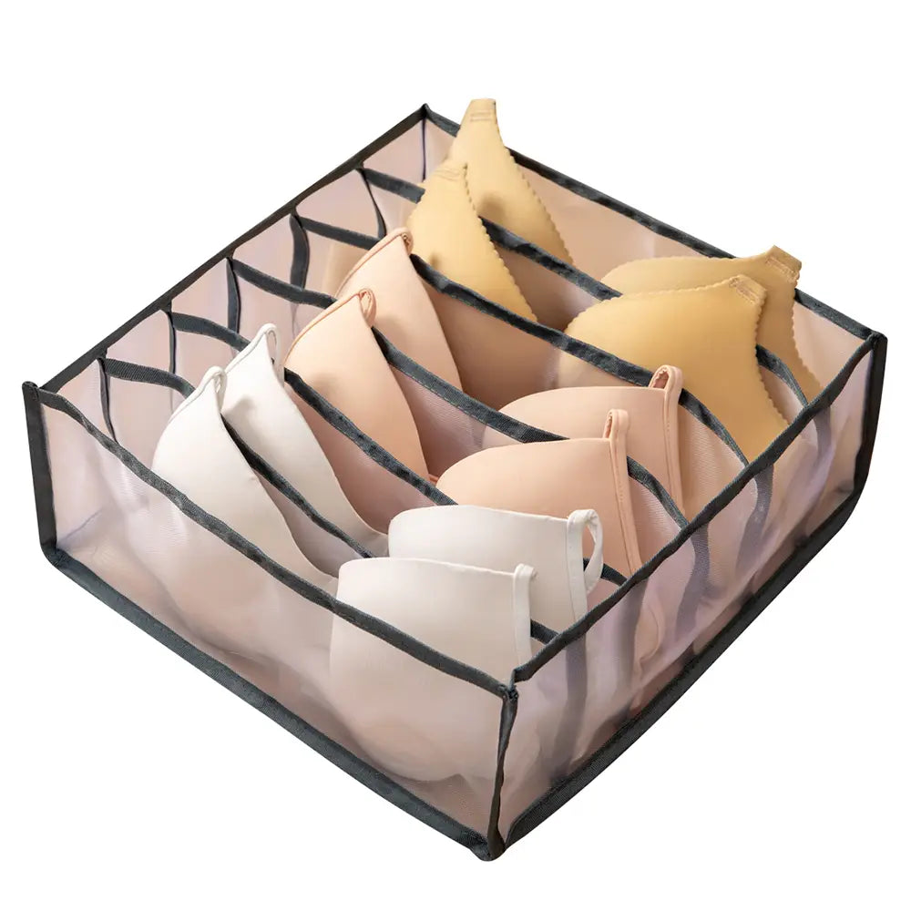 transparent mesh bra organizer with black trim featuring multiple compartments designed for underwear storage in 7grid 11grid drawer boxes