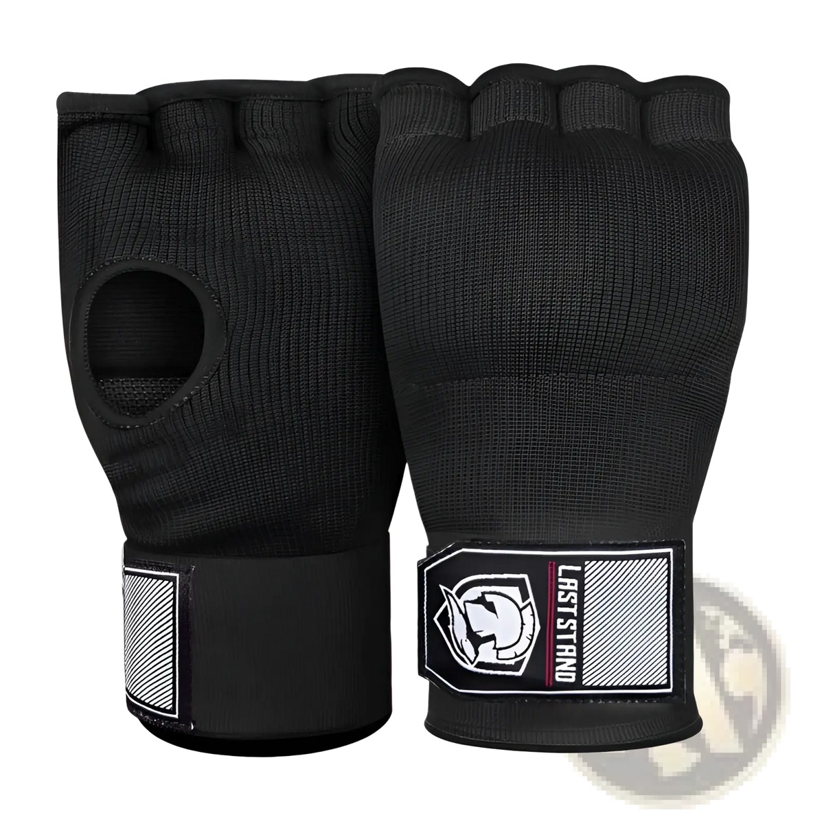 Black gel boxing hand wrap gloves with fingerless textured knit fabric and reinforced wrist straps by last stand
