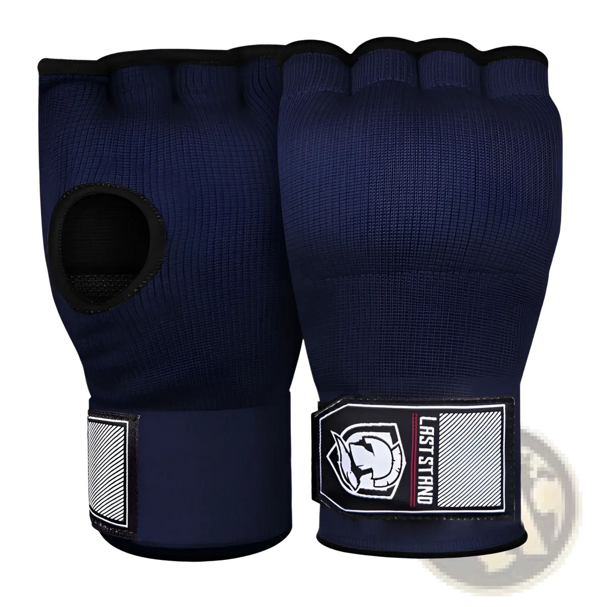 Navy blue knitted gel boxing hand wrap gloves with black trim and branded wristband for fitness half finger use