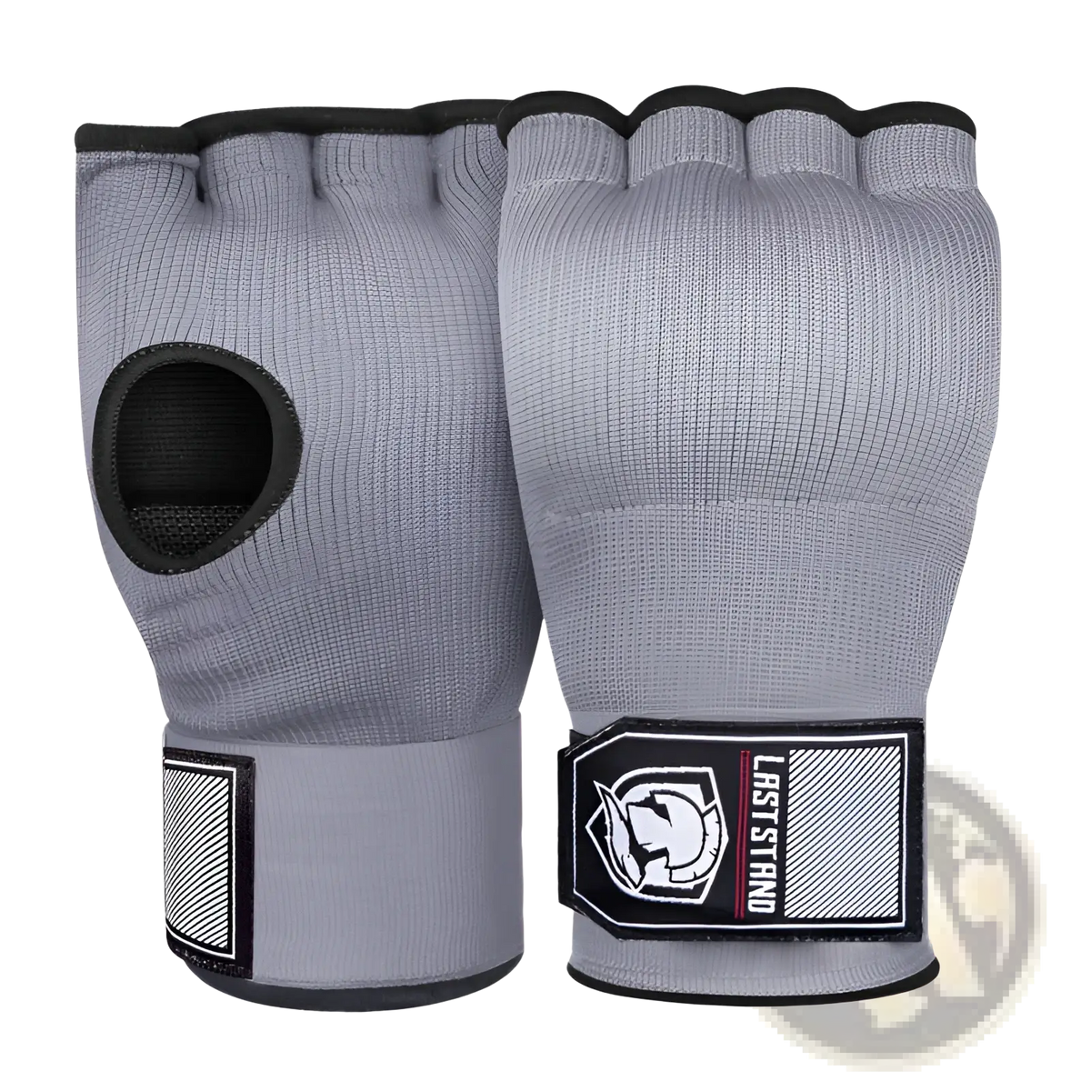 Gray gel boxing hand wrap gloves with black accents and branded wrist patch shown from the back side