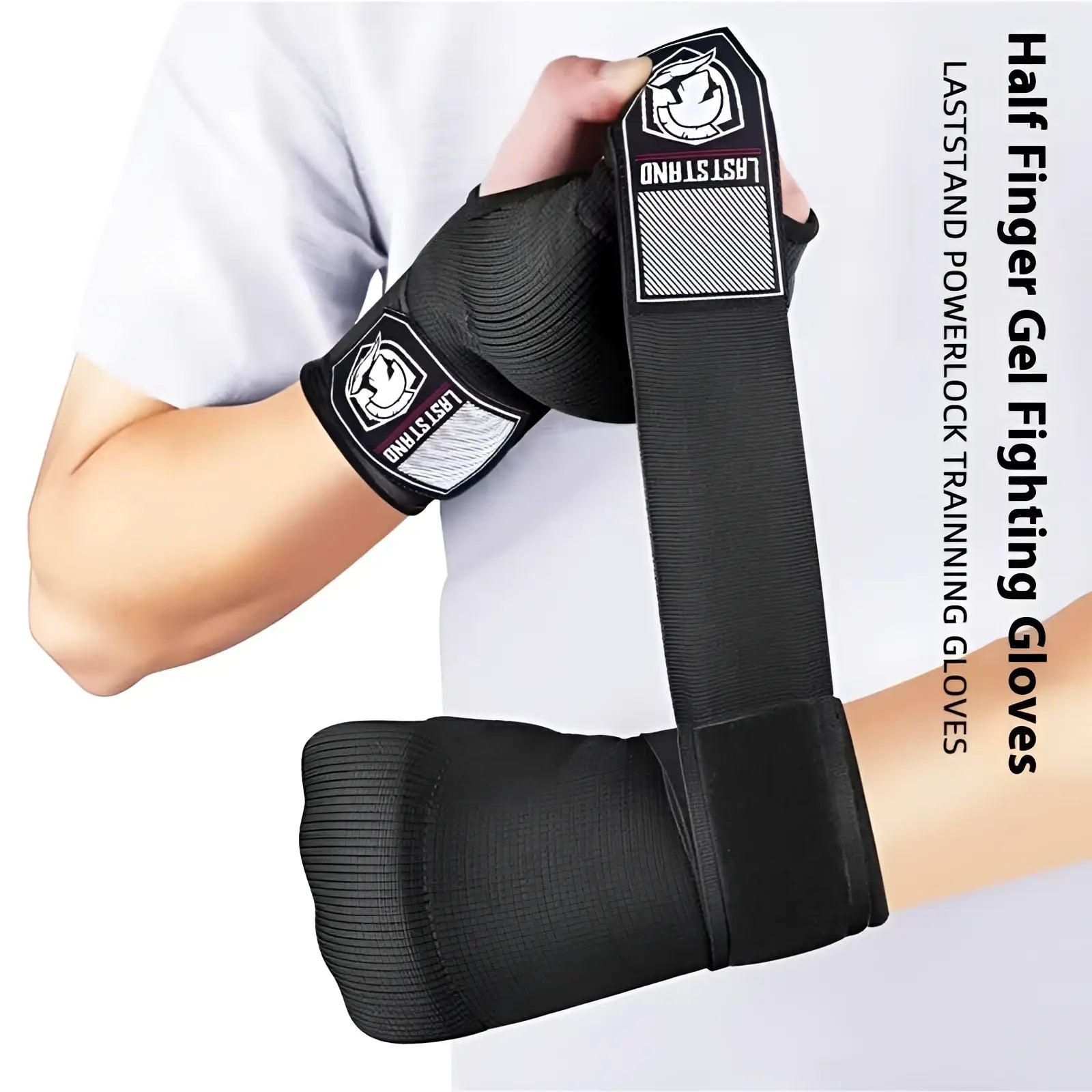 Black gel boxing hand wrap gloves with half finger design textured grip and reinforced wrist strap for fitness use