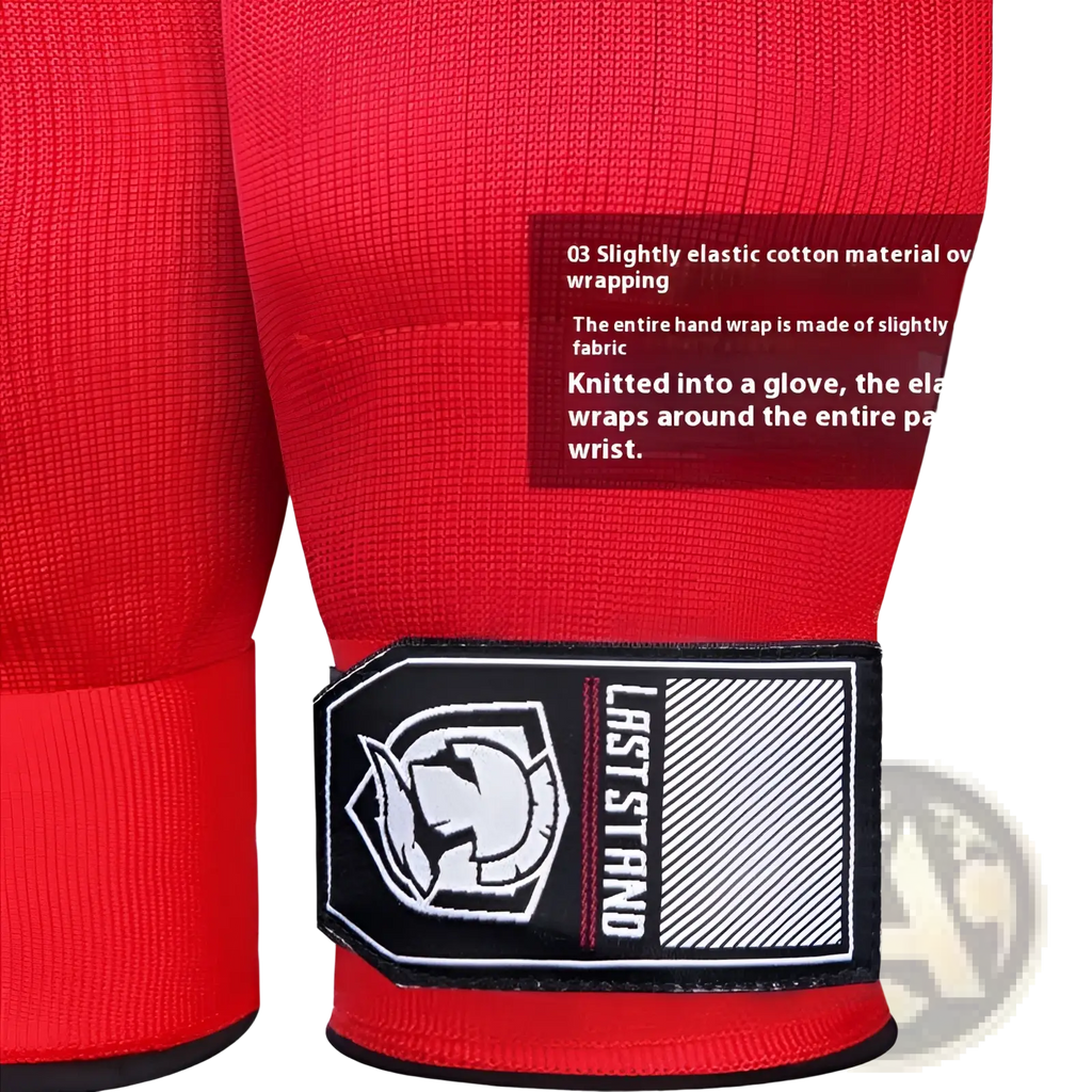 Red last stand gel boxing hand wrap gloves in red slightly elastic cotton fabric covering palm and wrist