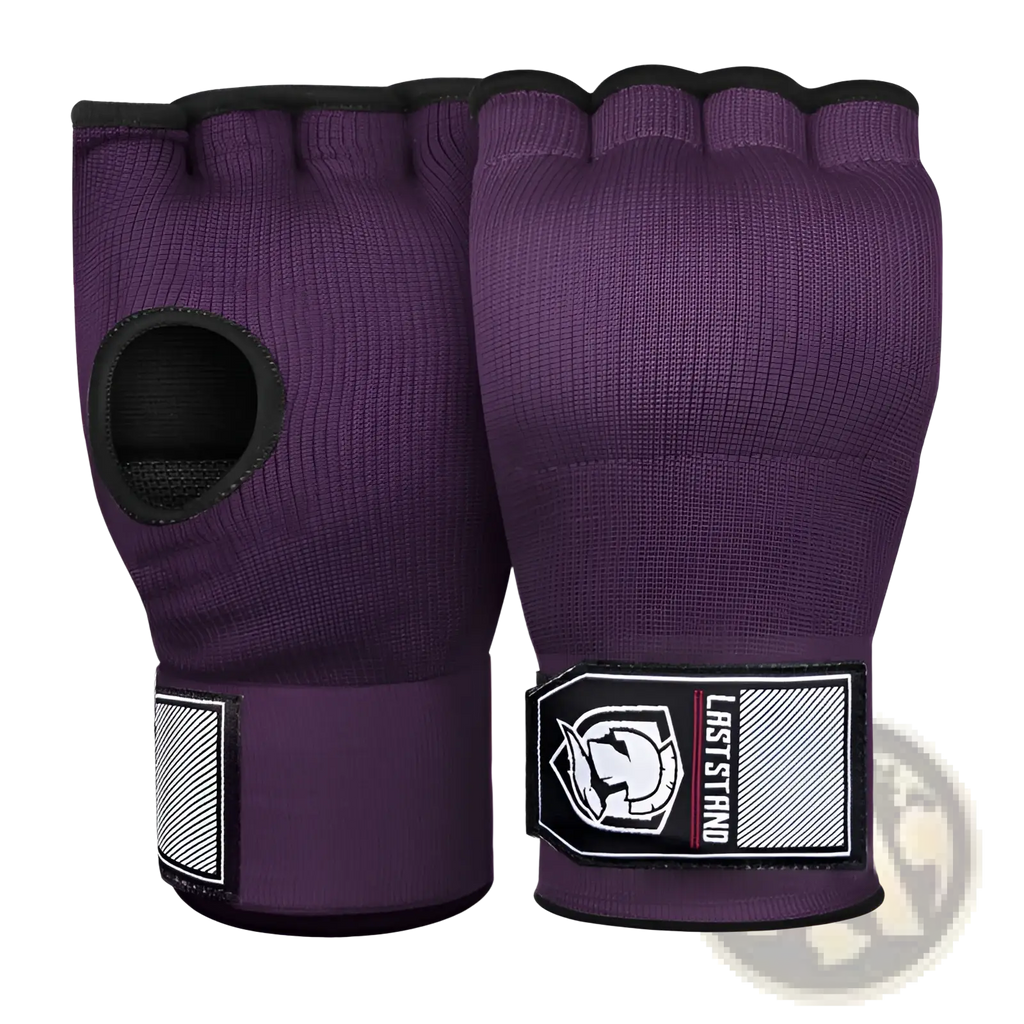 Purple gel boxing hand wrap gloves with black trim and branded wrist patch shown from the back side