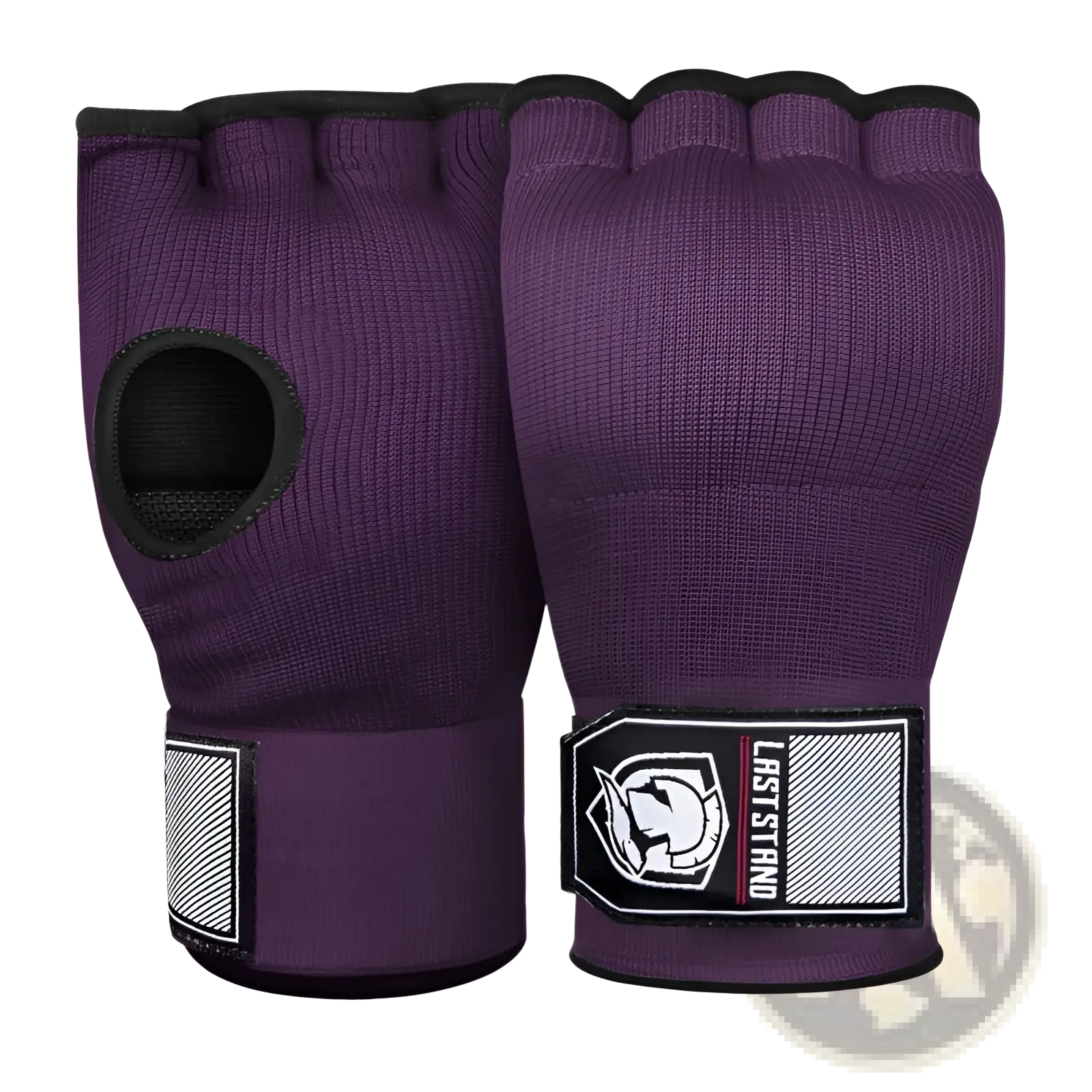 Purple gel boxing hand wrap gloves with black trim and branded wrist patch shown from the back side