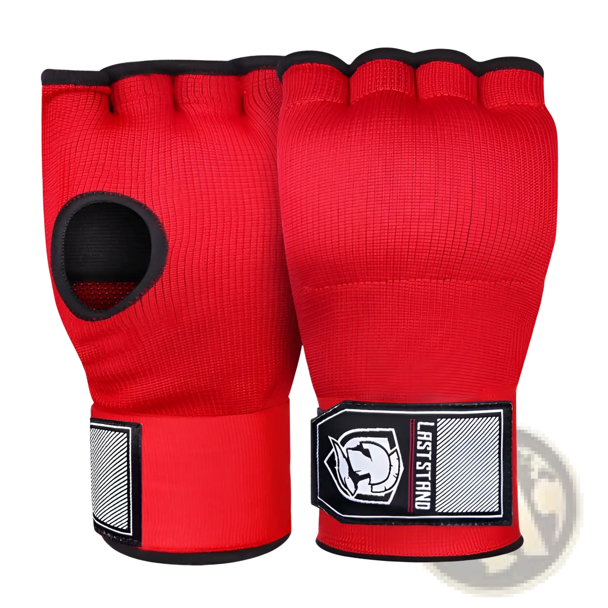 Gel boxing hand wrap gloves fitness half finger in red with black trim and branded wrist patch shown from the back side