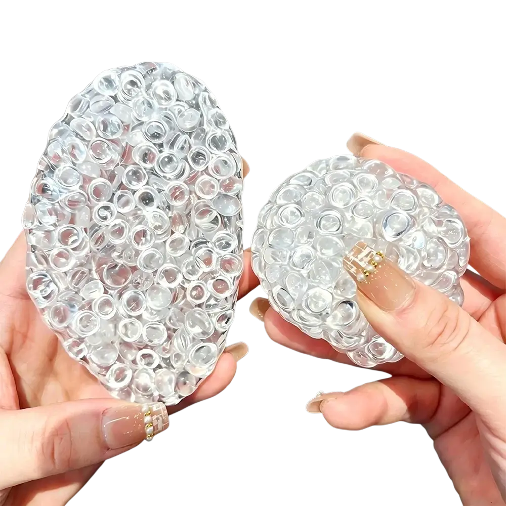 Clear gel ice bead stress relief squeeze toy with textured translucent beads for tactile sensory play