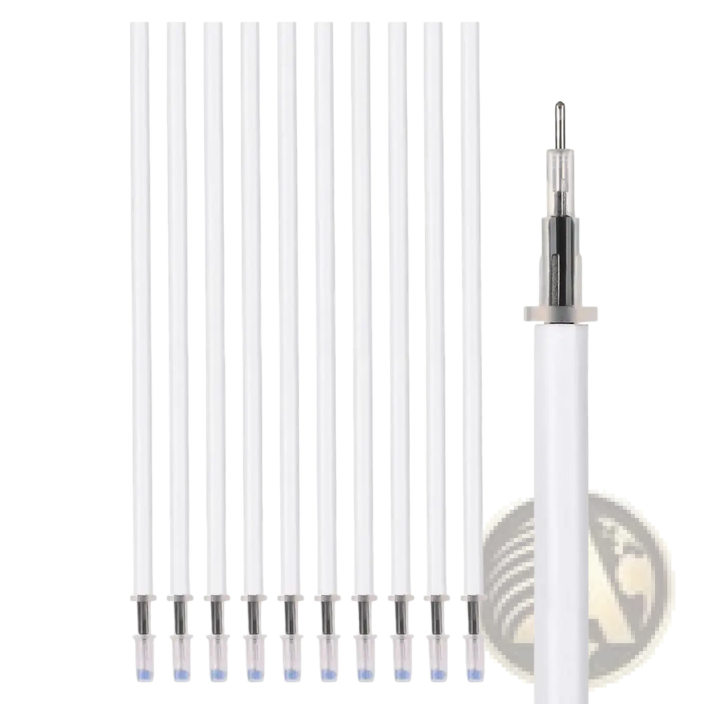 Set of ten transparent white gel pen refills with silver tips and blue ink reservoirs for black ink writing